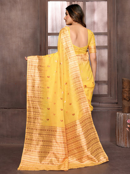 Janasya Yellow Cotton Linen Paisley Woven Saree