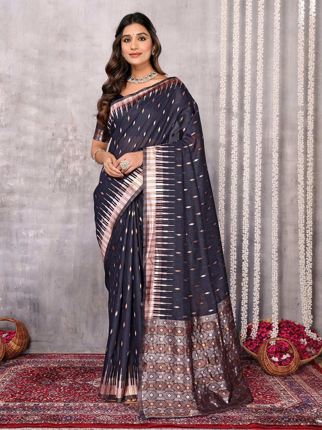 Janasya Black Cotton Linen Geometric Woven Saree