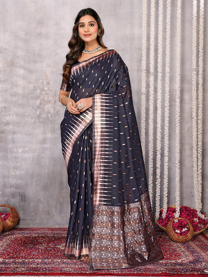 Janasya Black Cotton Linen Geometric Woven Saree