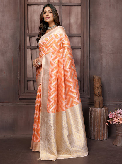Janasya Peach Cotton Geometric Woven Saree