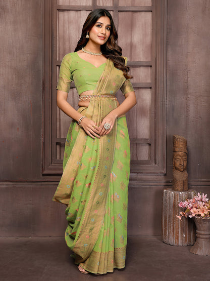 Janasya Green Cotton Linen Ethnic Print Kanjivaram Saree
