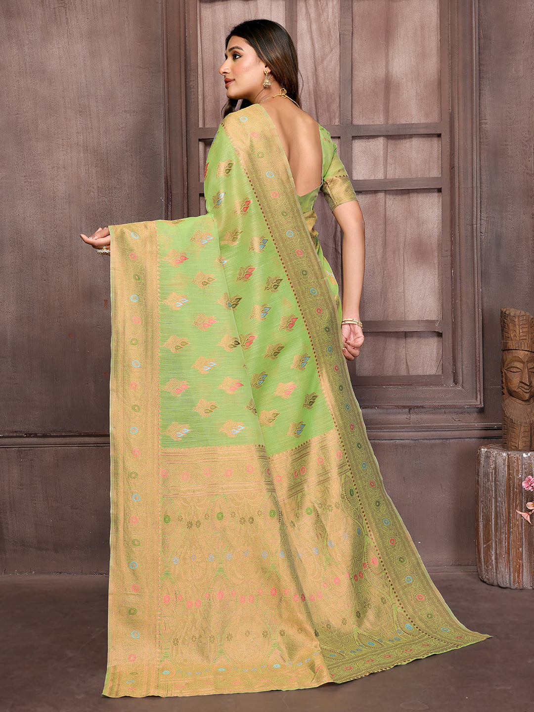 Janasya Green Cotton Linen Ethnic Print Kanjivaram Saree