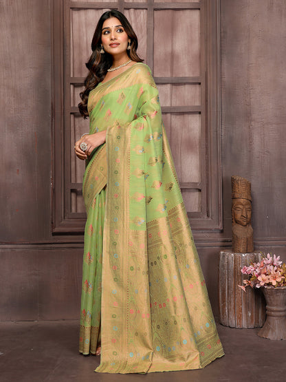 Janasya Green Cotton Linen Ethnic Print Kanjivaram Saree