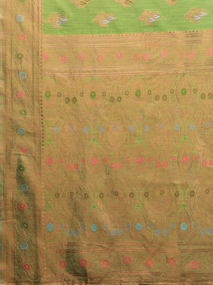 Janasya Green Cotton Linen Ethnic Print Kanjivaram Saree