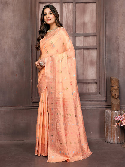 Janasya Peach Cotton Linen Ethnic Print Kanjivaram Saree