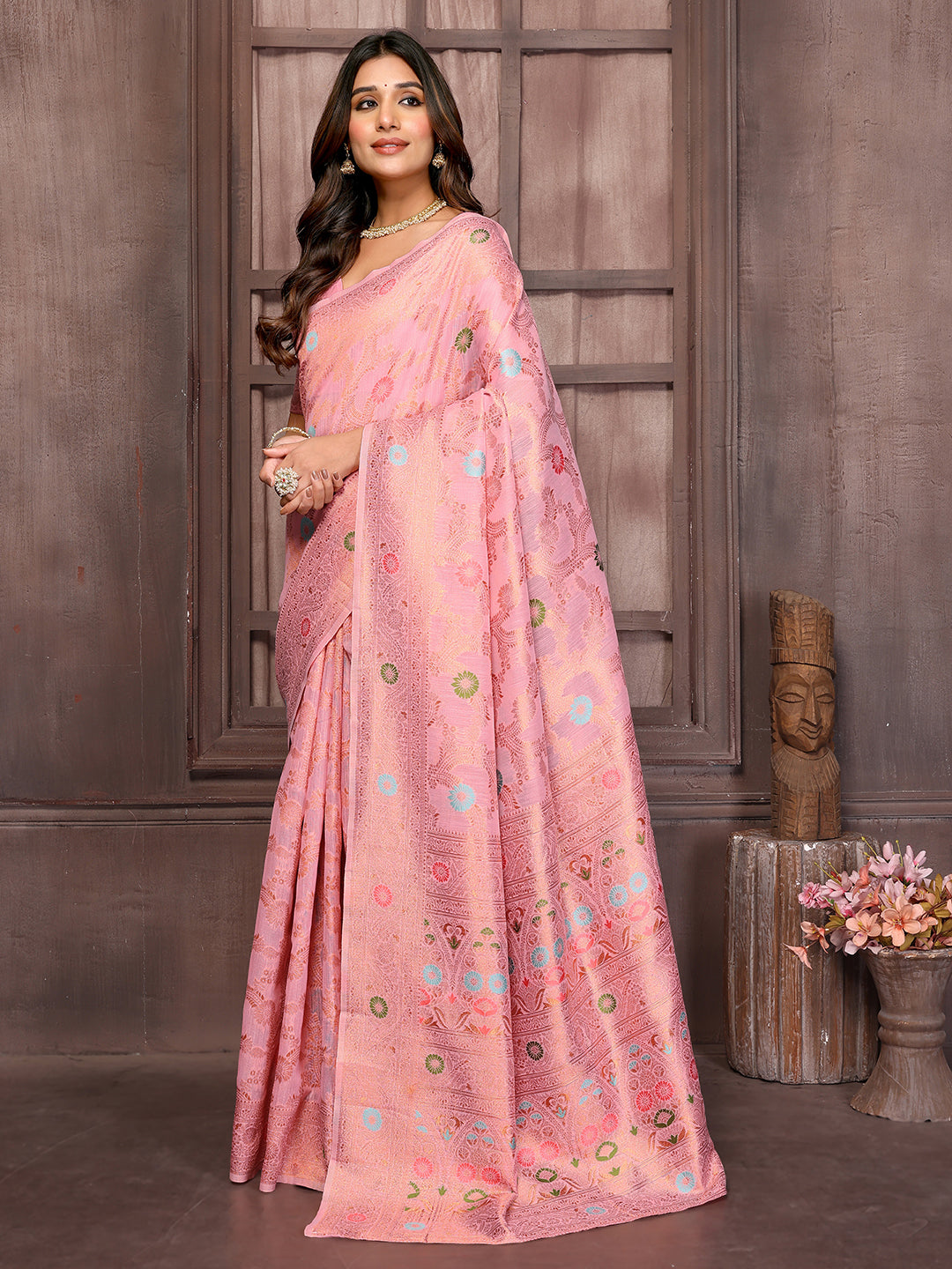 Janasya Pink Cotton Linen Floral Woven Saree