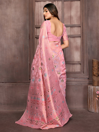 Janasya Pink Cotton Linen Floral Woven Saree
