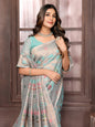 Janasya Light Blue Cotton Linen Floral Woven Saree