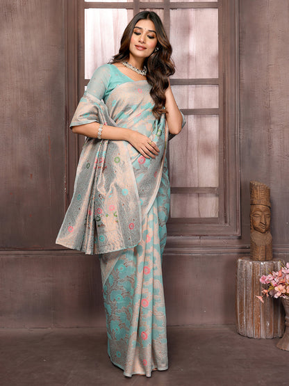 Janasya Light Blue Cotton Linen Floral Woven Saree
