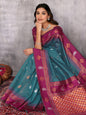 Janasya Teal Blue Cotton Linen Paisley Woven Saree