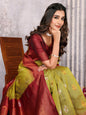 Janasya Mehndi Green Cotton Linen Ethnic Motifs Kanjivaram Saree