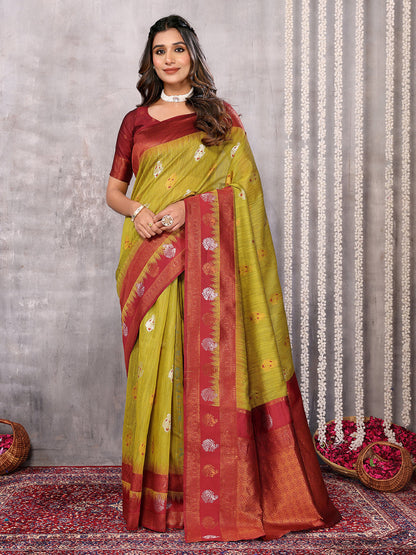 Janasya Mehndi Green Cotton Linen Ethnic Motifs Kanjivaram Saree