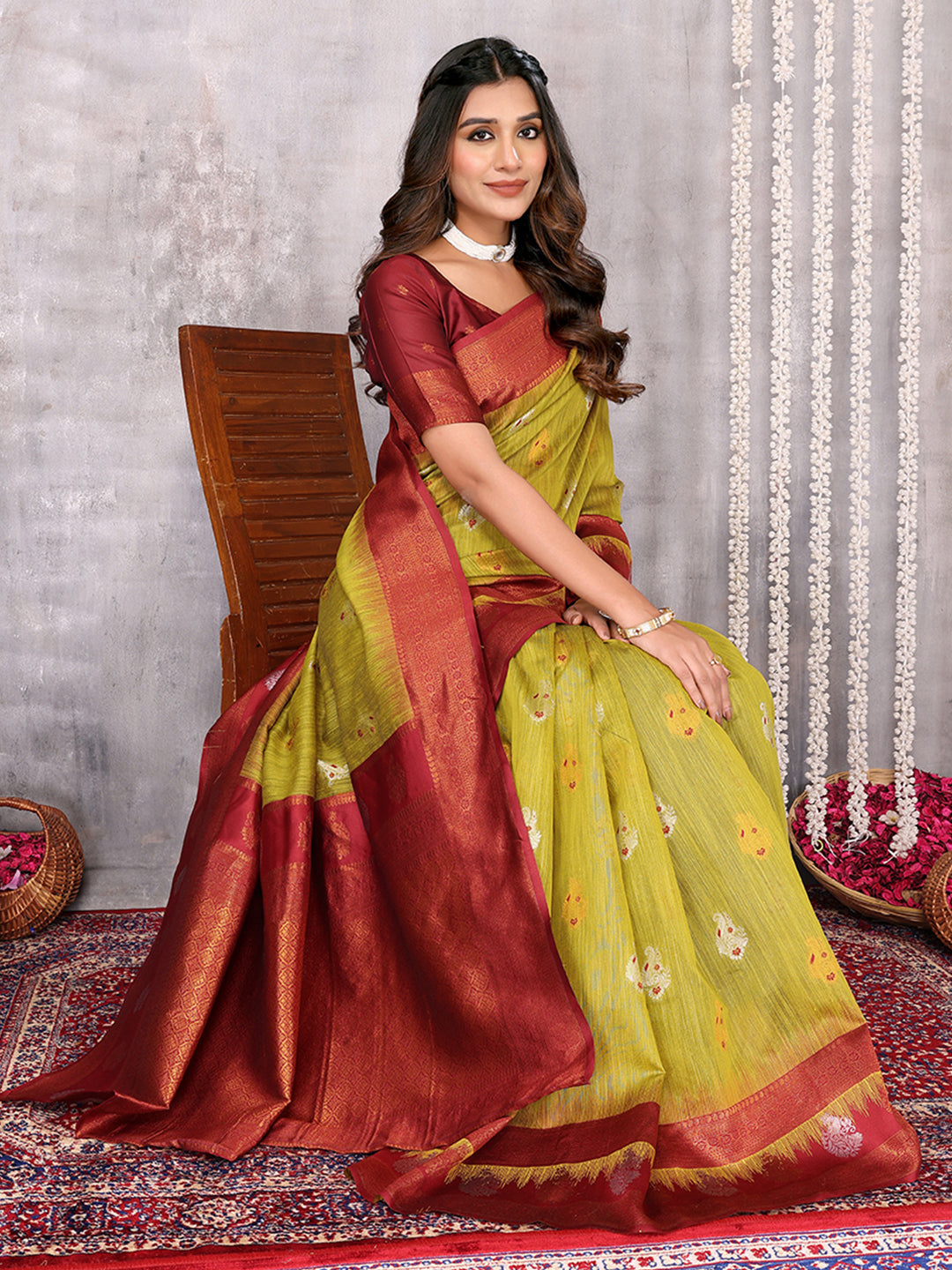 Janasya Mehndi Green Cotton Linen Ethnic Motifs Kanjivaram Saree