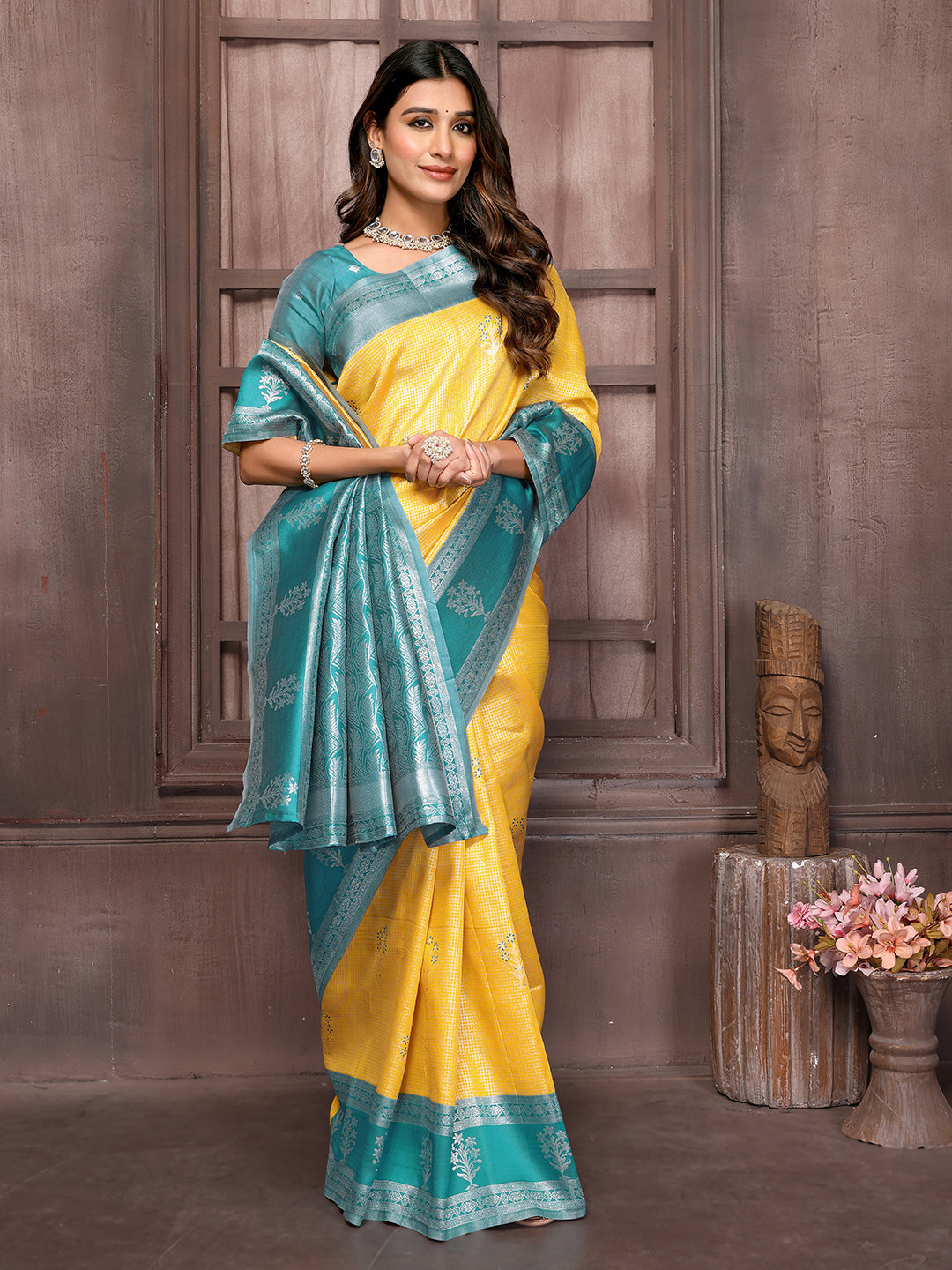 Janasya Yellow Silk Blend Checked Jacquard Border Saree