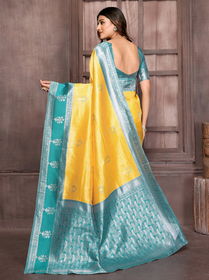 Janasya Yellow Silk Blend Checked Jacquard Border Saree