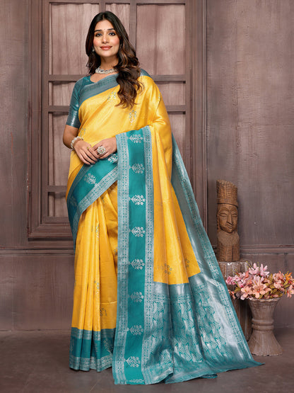 Janasya Yellow Silk Blend Checked Jacquard Border Saree