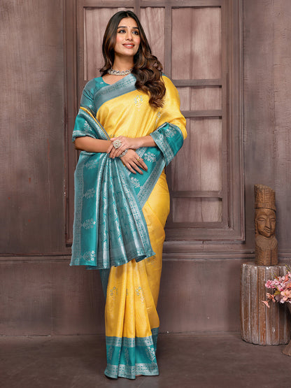 Janasya Yellow Silk Blend Checked Jacquard Border Saree