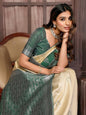Janasya Beige Silk Blend Checked Jacquard Border Saree