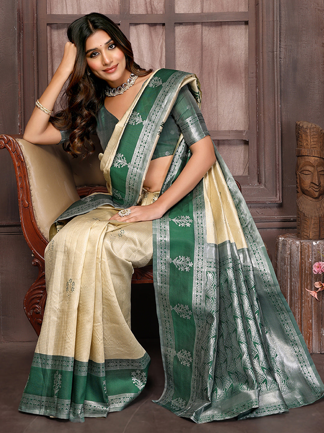 Janasya Beige Silk Blend Checked Jacquard Border Saree