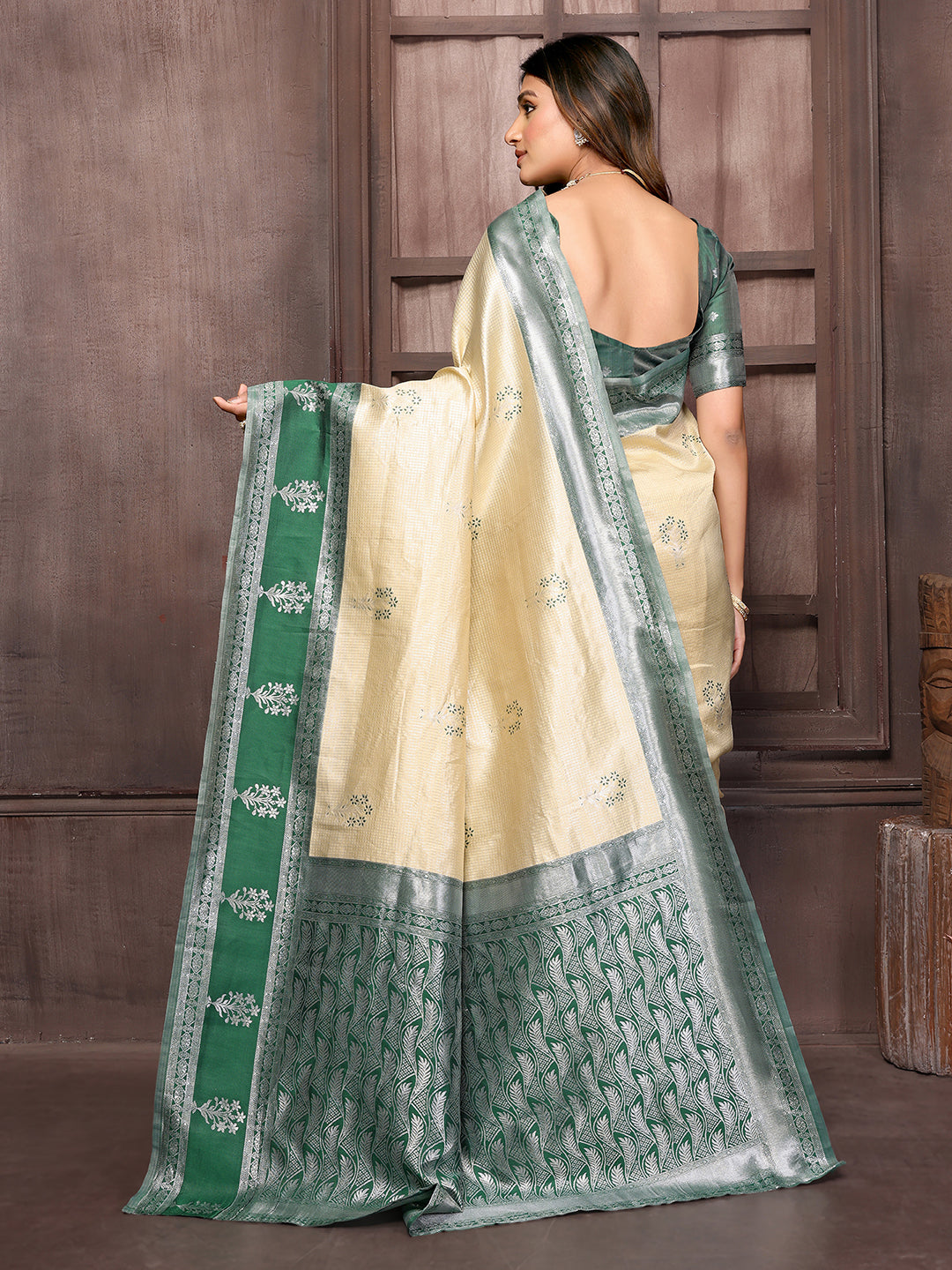 Janasya Beige Silk Blend Checked Jacquard Border Saree