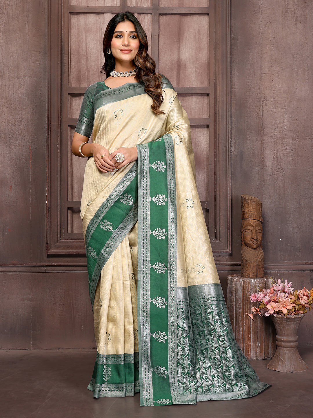 Janasya Beige Silk Blend Checked Jacquard Border Saree
