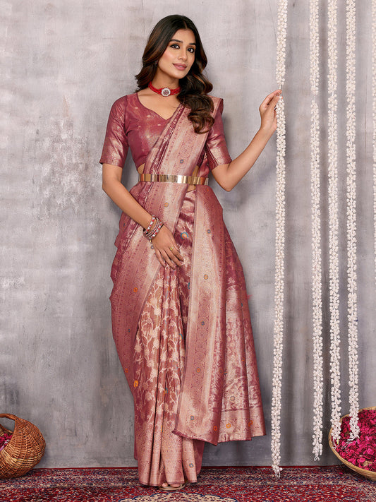 Janasya Mauve Silk Blend Floral Banarasi Saree