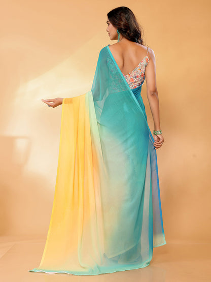 Janasya Multicolor Georgette Ombre Printed Saree