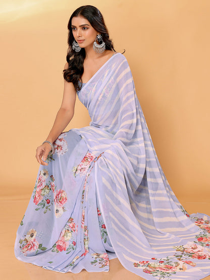 Janasya Lavender Georgette Floral Printed Saree