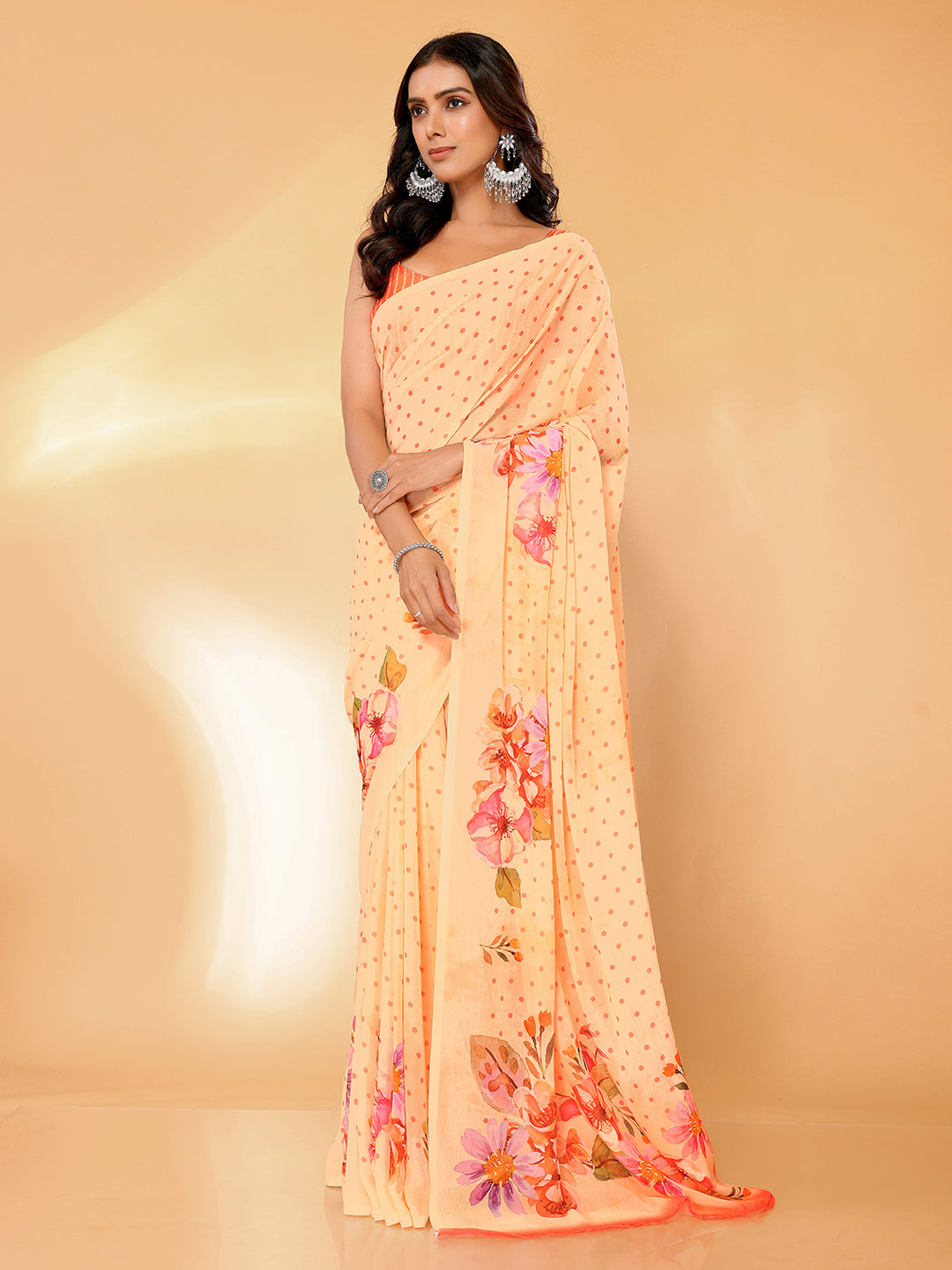 Janasya Peach Georgette Floral Printed Saree