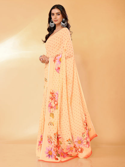 Janasya Peach Georgette Floral Printed Saree
