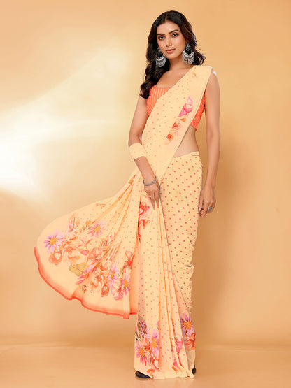 Janasya Peach Georgette Floral Printed Saree