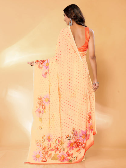 Janasya Peach Georgette Floral Printed Saree
