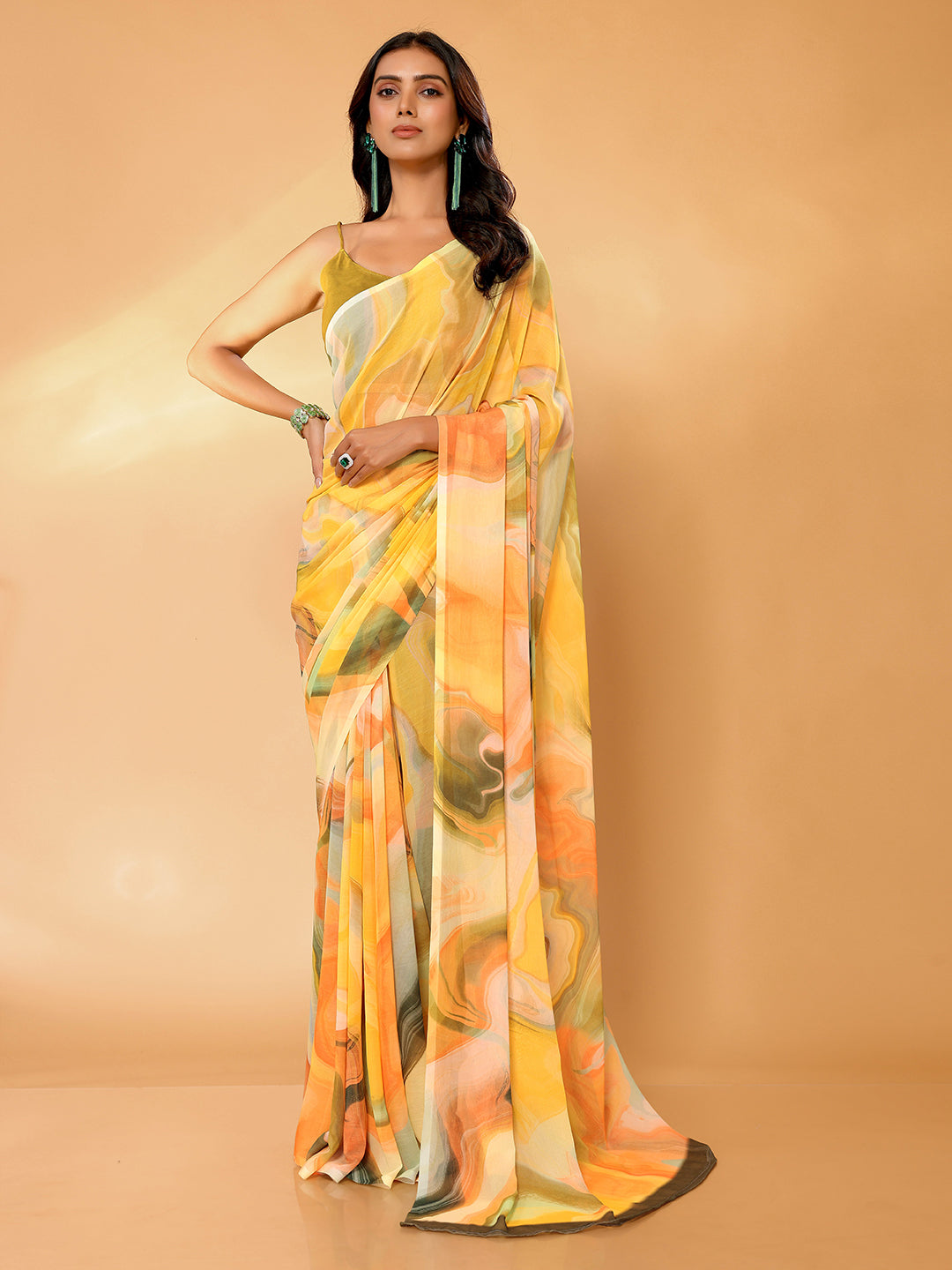 Janasya Multicolor Georgette Abstract Printed Saree