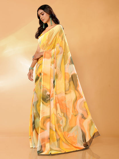 Janasya Multicolor Georgette Abstract Printed Saree