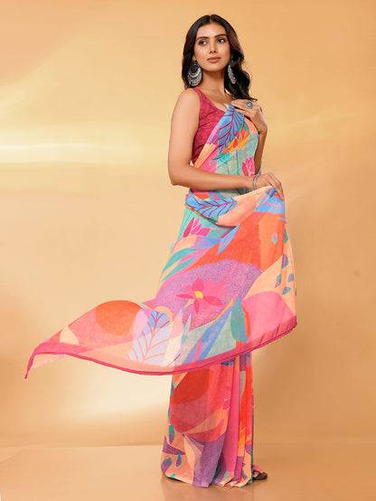 Janasya Multicolor Georgette Tropical Printed Saree