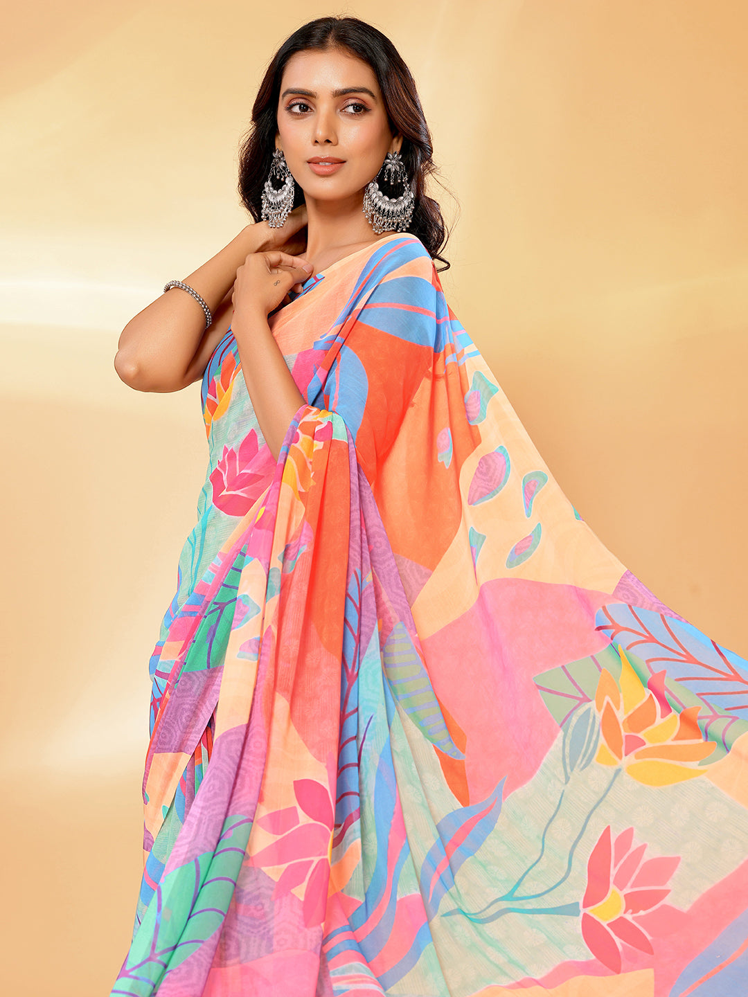 Janasya Multicolor Georgette Tropical Printed Saree