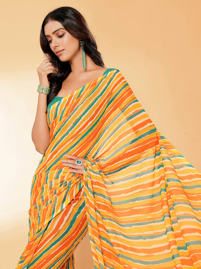 Janasya Orange Georgette Leheriya Printed Saree