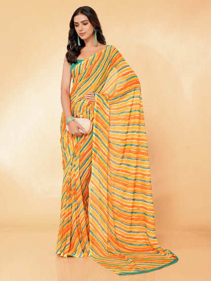 Janasya Orange Georgette Leheriya Printed Saree