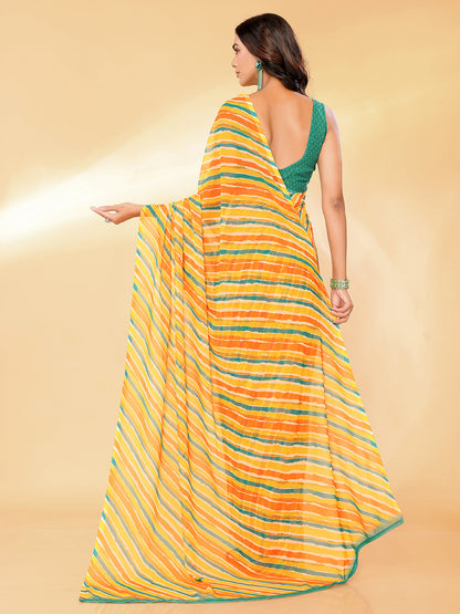 Janasya Orange Georgette Leheriya Printed Saree
