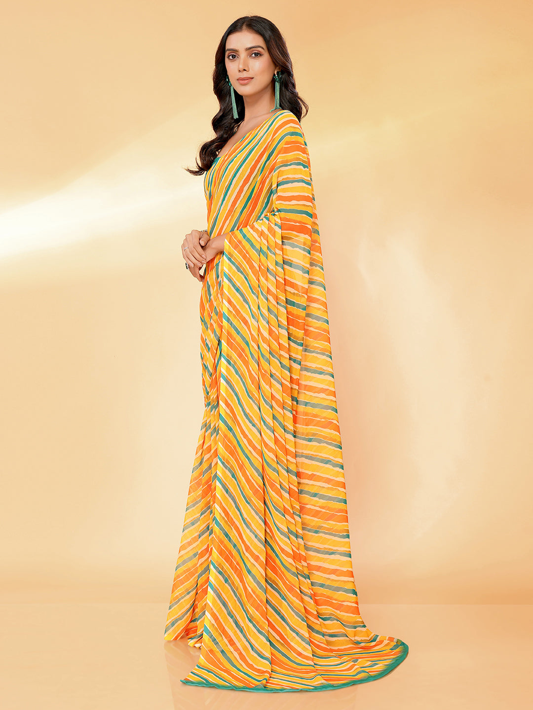 Janasya Orange Georgette Leheriya Printed Saree