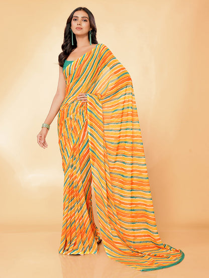 Janasya Orange Georgette Leheriya Printed Saree