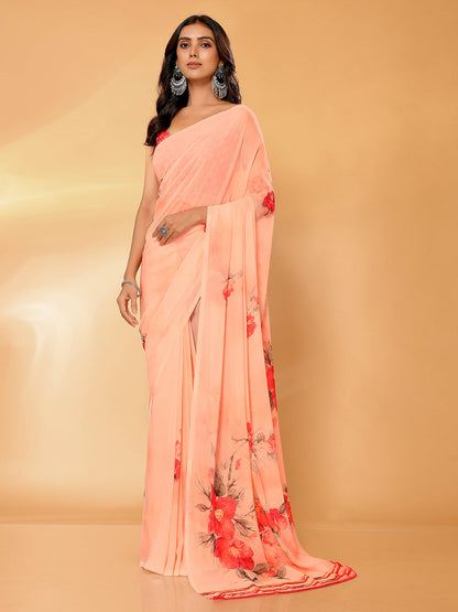 Janasya Peach Georgette Floral Printed Saree
