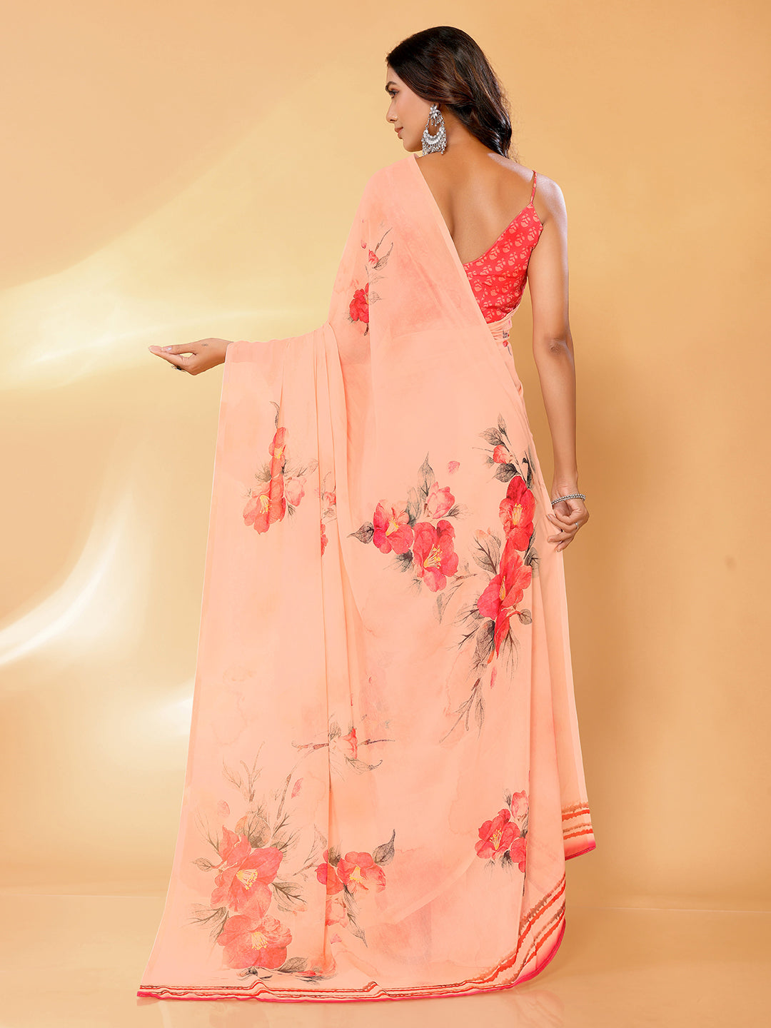 Janasya Peach Georgette Floral Printed Saree