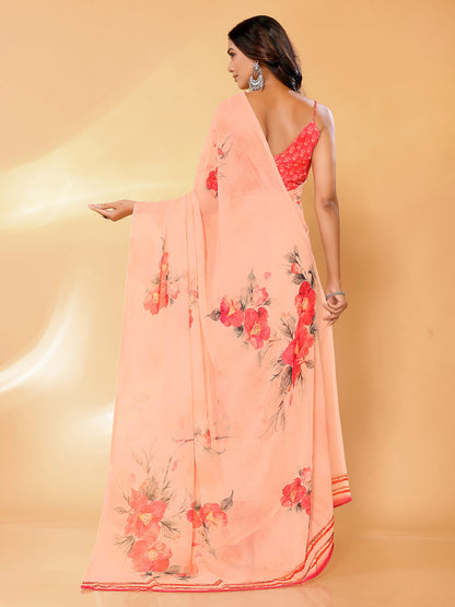 Janasya Peach Georgette Floral Printed Saree