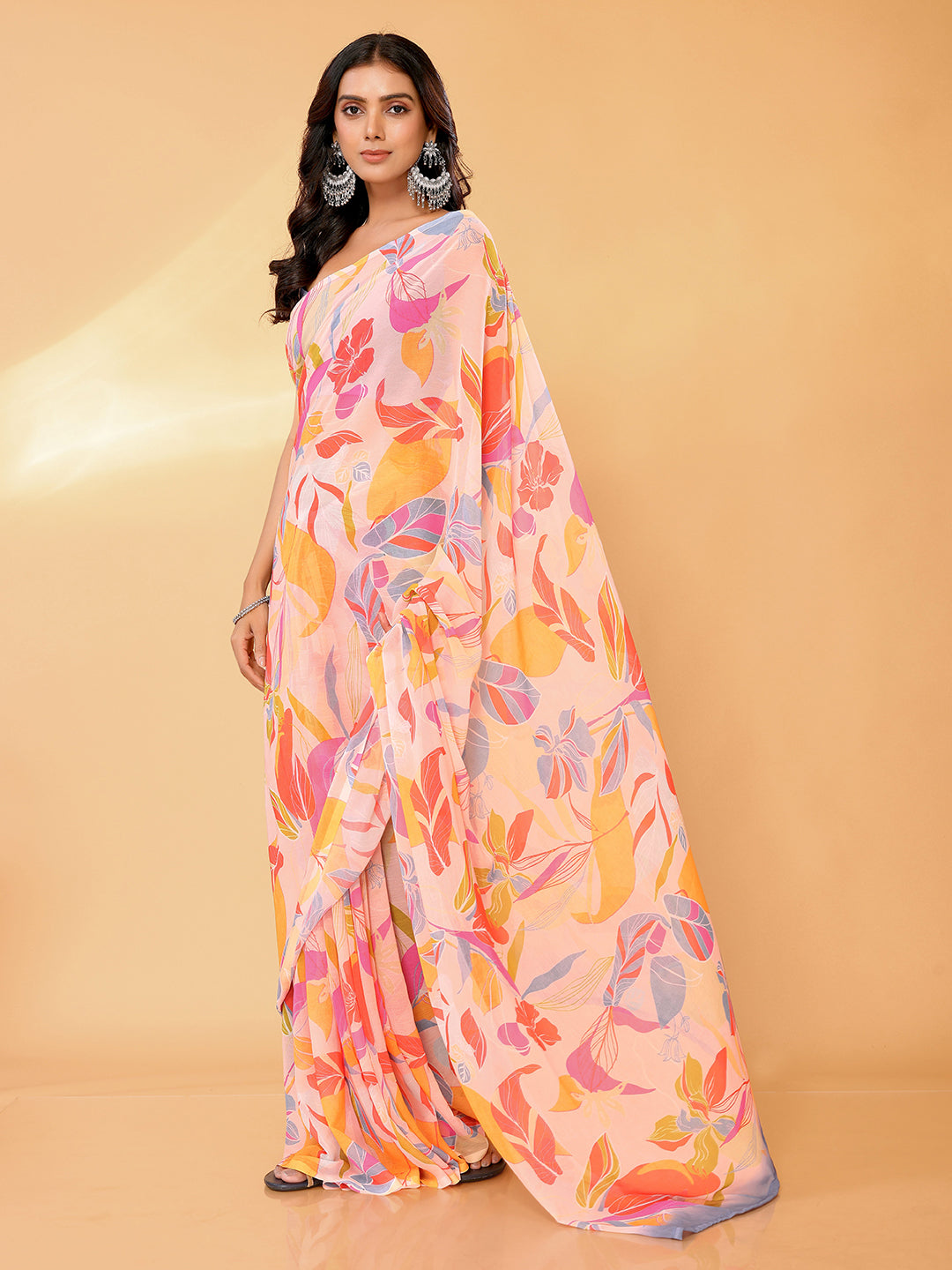 Janasya Peach Georgette Tropical Printed Saree