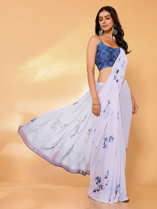 Janasya White Georgette Floral Printed Saree