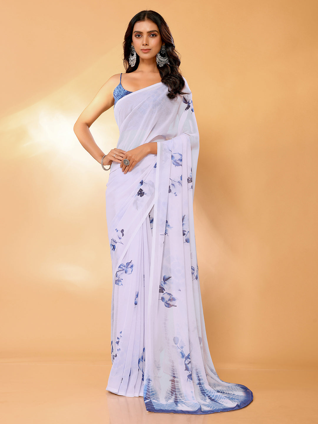 Janasya White Georgette Floral Printed Saree