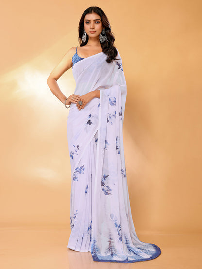 Janasya White Georgette Floral Printed Saree