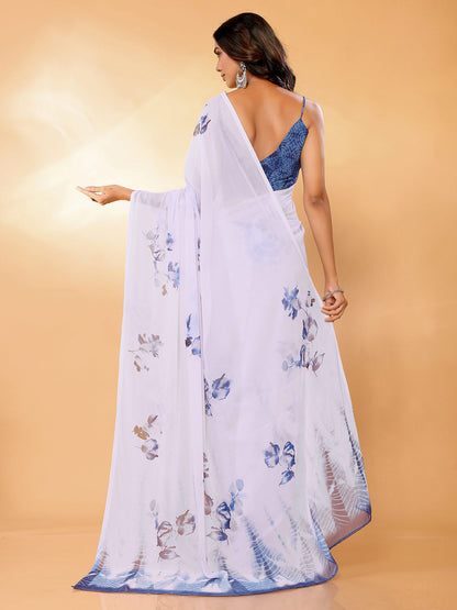 Janasya White Georgette Floral Printed Saree