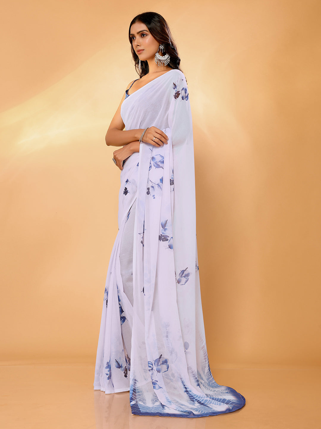 Janasya White Georgette Floral Printed Saree